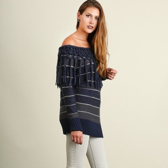 NWT Umgee Comfy Blue Striped Fringed Bohemian Off Shoulder Cotton Sweater - Picture 5 of 6